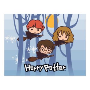 Cartoon Harry, Ron, & Hermione Flying In Woods Postcard