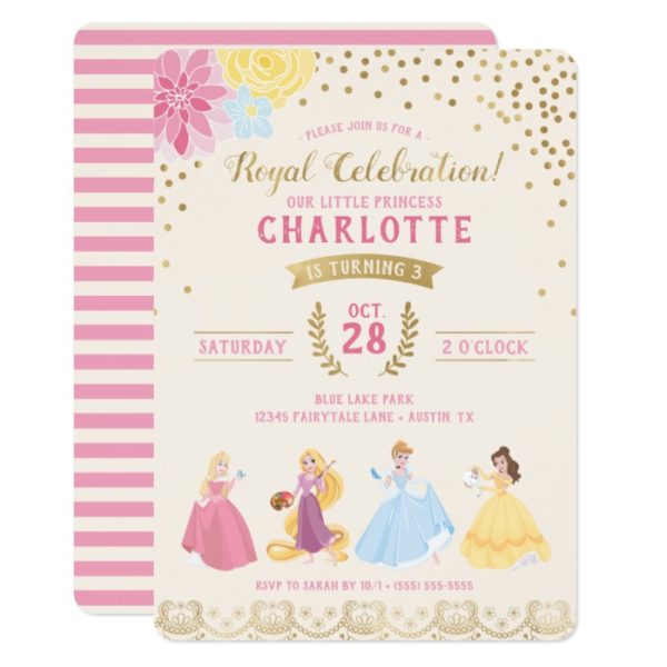 Disney Princess | Floral Gold Confetti Invitation