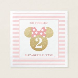 Minnie Mouse | Gold & Pink Striped Birthday Paper Napkin