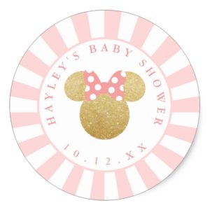 Minnie | Pink Striped Gold Glitter Baby Shower Classic Round Sticker