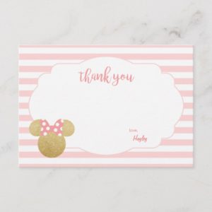 Minnie | Pink Striped Gold Glitter Thank You Note Card