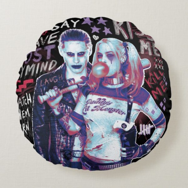 Suicide Squad | Joker & Harley Typography Photo Round Pillow