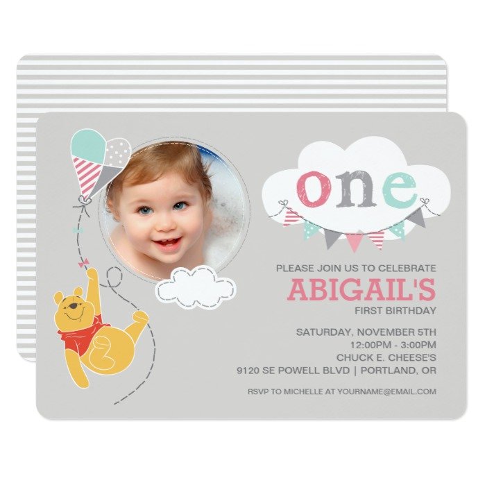 Winnie the Pooh | Baby Girl Kite - First Birthday Invitation
