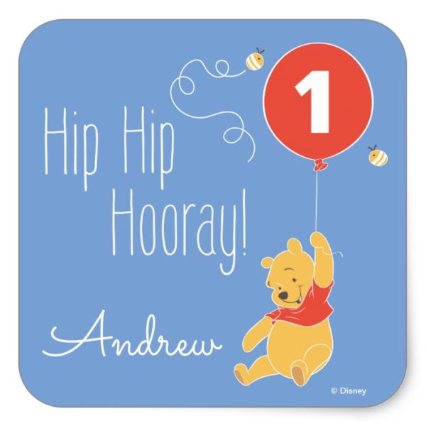 Winnie the Pooh Balloon | Boy - First Birthday Square Sticker