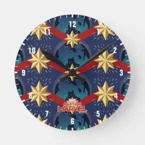 Captain Marvel | Star Logo Over Planet Pattern Round Clock