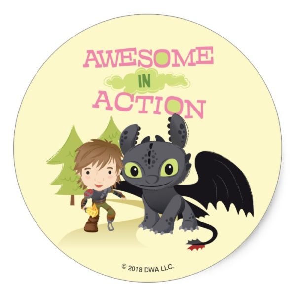 Cute "Awesome In Action" Hiccup & Toothless Classic Round Sticker