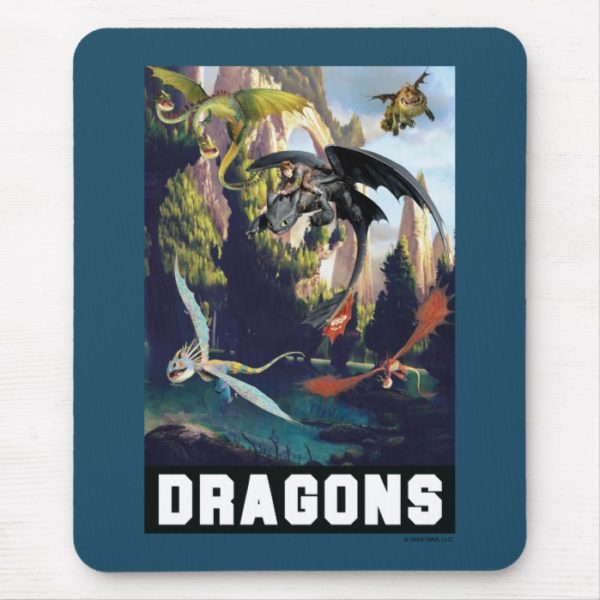 Hiccup and Dragons Flying Over Island Forest Mouse Pad