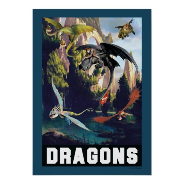 Hiccup and Dragons Flying Over Island Forest Poster
