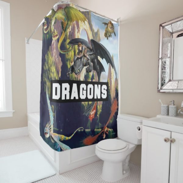 Hiccup and Dragons Flying Over Island Forest Shower Curtain