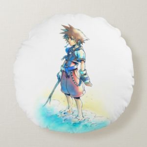 Kingdom Hearts | Sora On Beach Watercolor Round Pillow