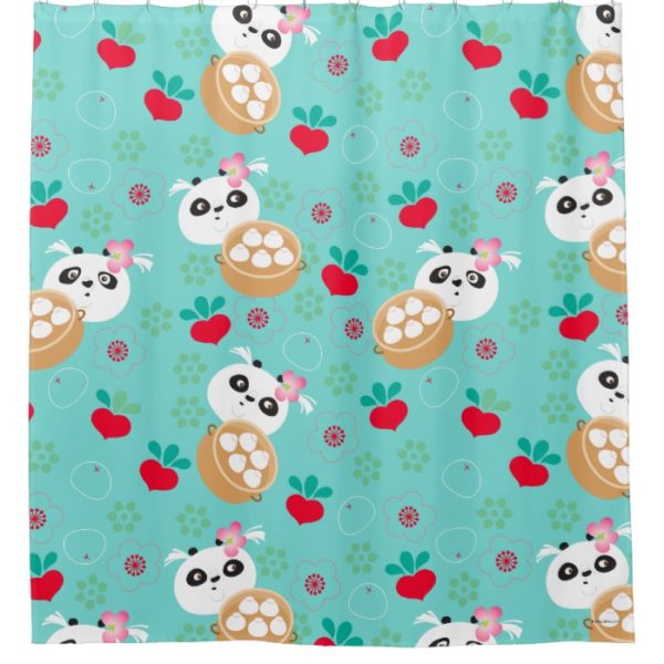 Teal Floral Panda Dumpling Pattern Shower Curtain