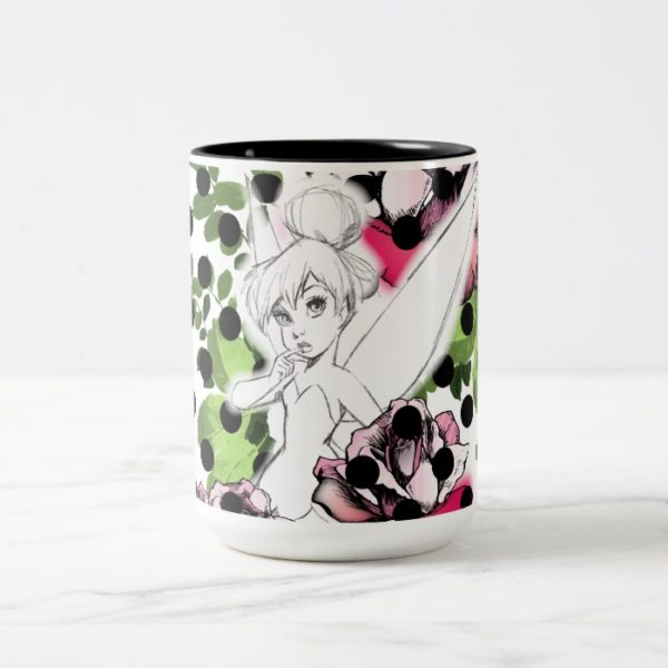 Tinker Bell Sketch With Roses and Polka Dots Two-Tone Coffee Mug