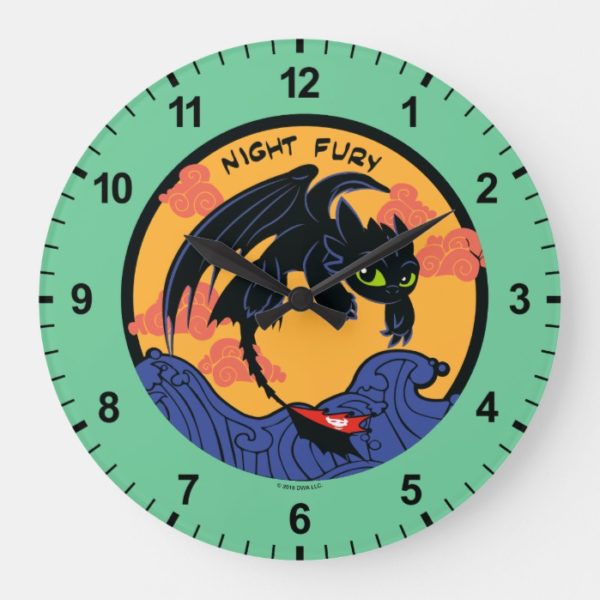 Toothless "Night Fury" Flying Over Ocean Waves Large Clock